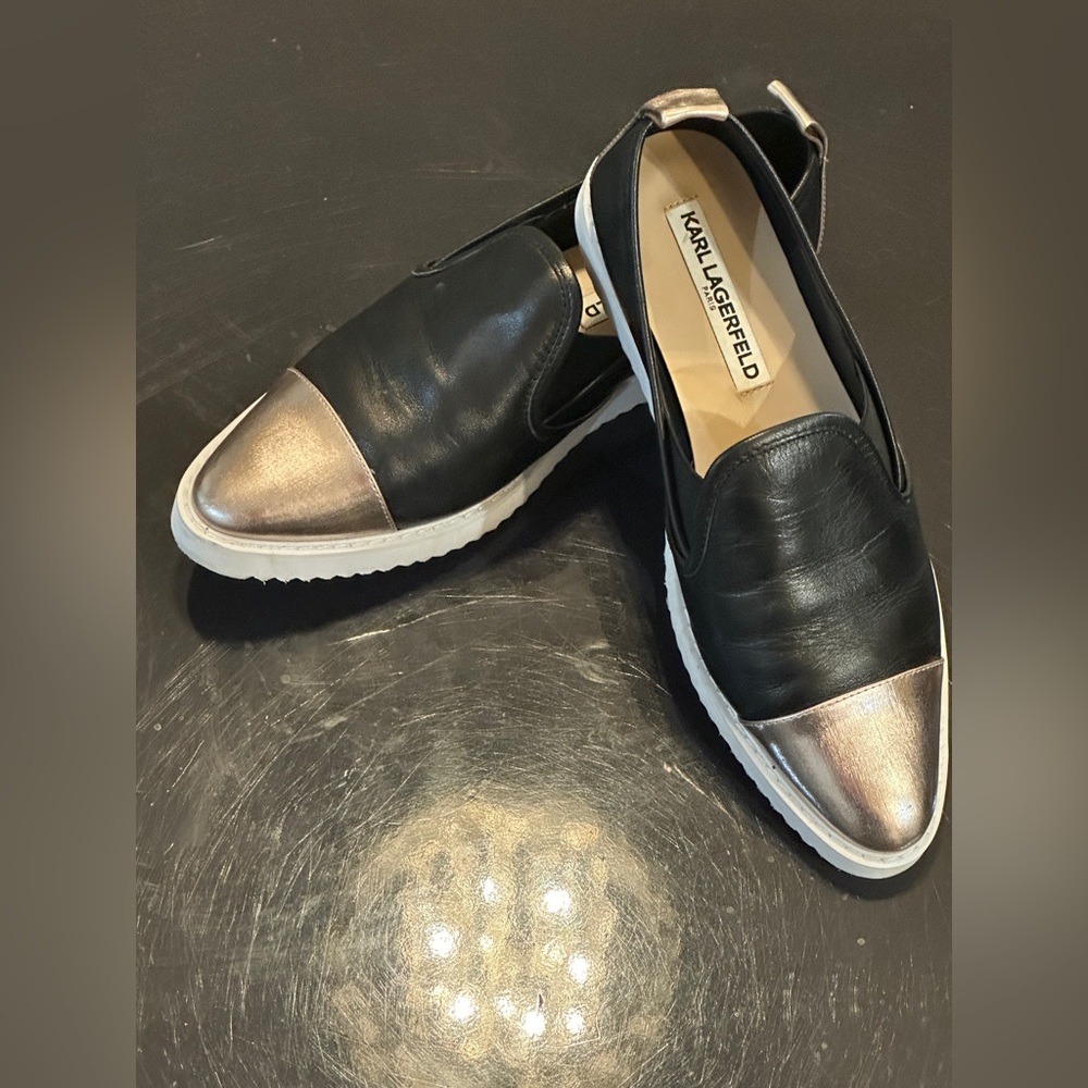 Karl Lagerfeld Black and Gold Loafers Slip-On Shoes - Picture 3 of 7
